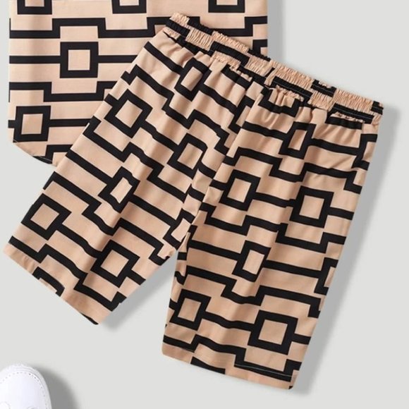 Casual Khaki Geometric Print Men's Shirt & Shorts - Picture 4 of 6